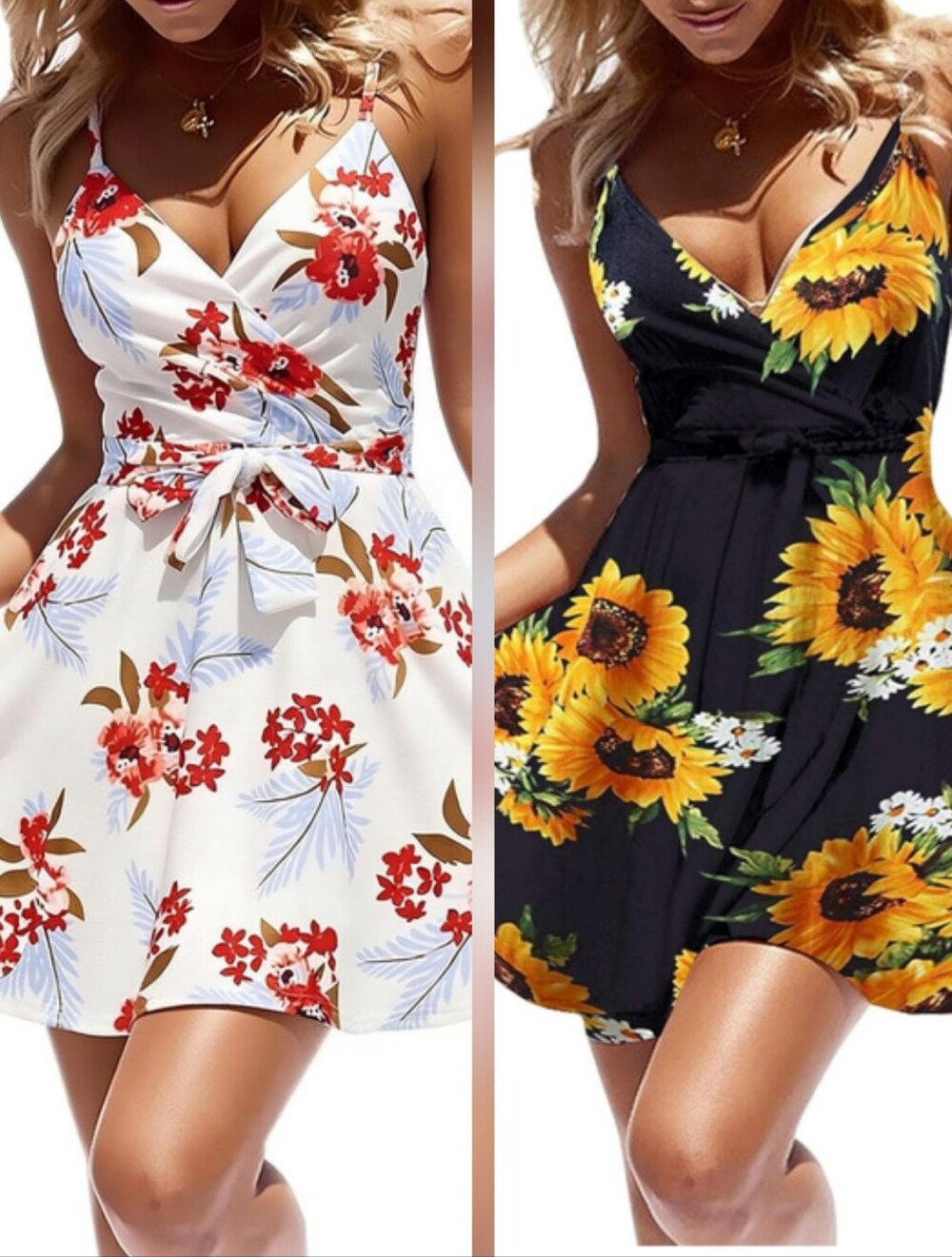 SET OF 2! - Floral Faux Wrap Sundressess - White Floral & Black Sunflower Print